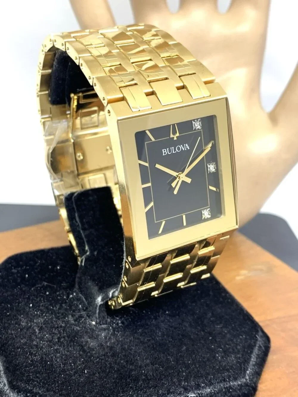 Bulova Men's Watch 97D132 Quadra Quartz Diamond Black Dial Gold Stainless Steel